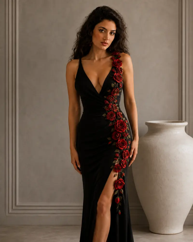 Isadora Opulence: deep onyx with crimson roses evening gown, primary view — Josephine Boutique
