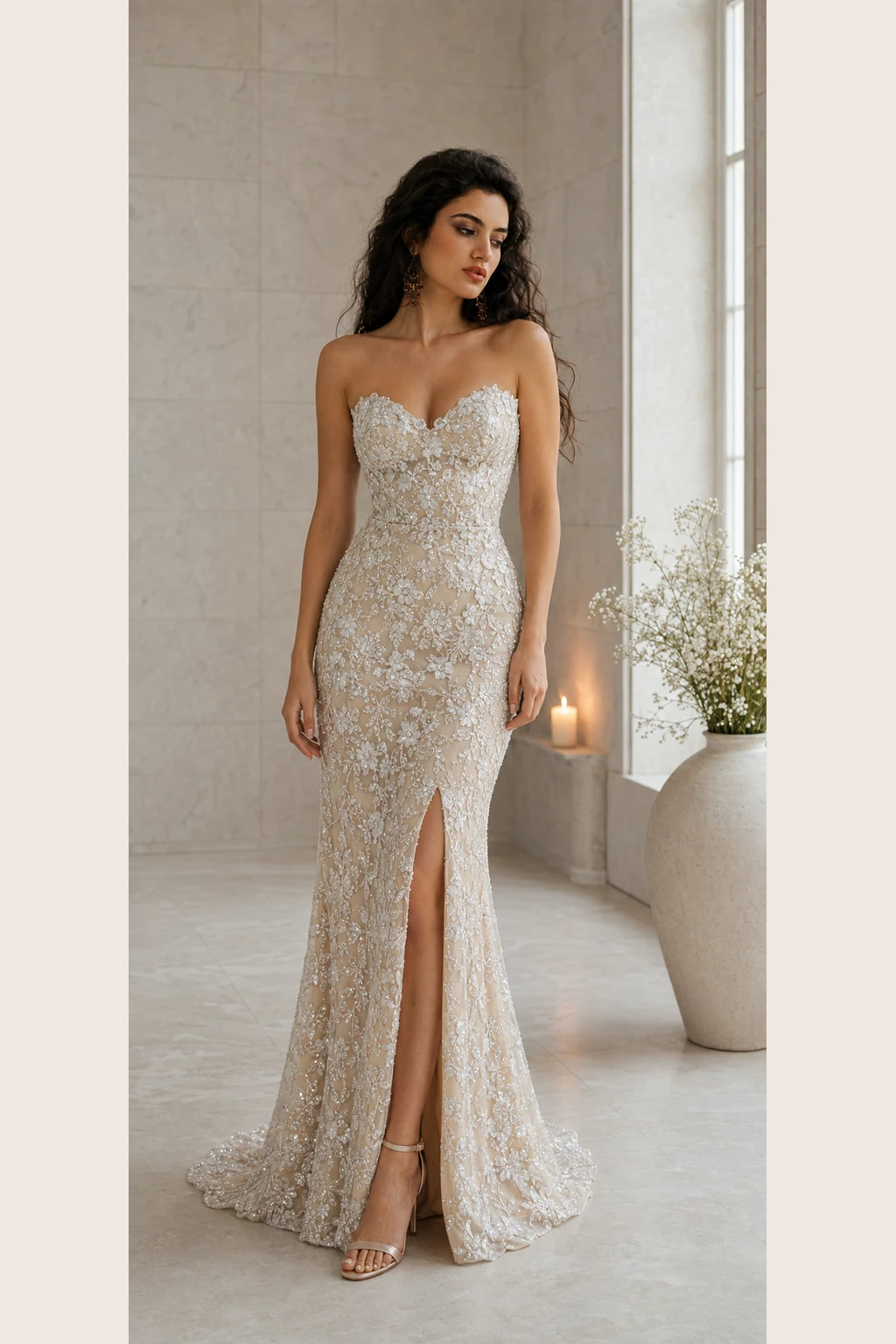 Ivoire Botanique: Ivory floral lace, fitted column gown, strapless sweetheart neckline, primary view — Josephine Boutique
