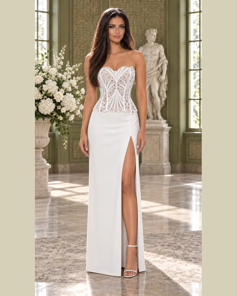 Ivoire Corseté: Ivory satin and floral lace, sculpted column gown, strapless sweetheart neckline, primary view — Josephine Boutique
