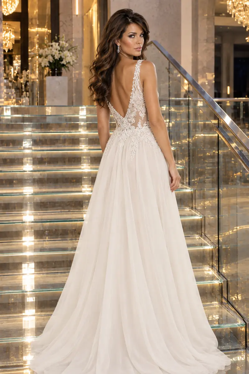 Ivoire de Manhattan — Dos: Pearl crystal bodice, flowing A-line gown, open-back view, primary view — Josephine Boutique
