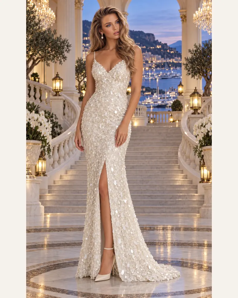 Ivoire de Monaco: Pearl-white paillettes, fitted column gown, plunging V-neckline, primary view — Josephine Boutique