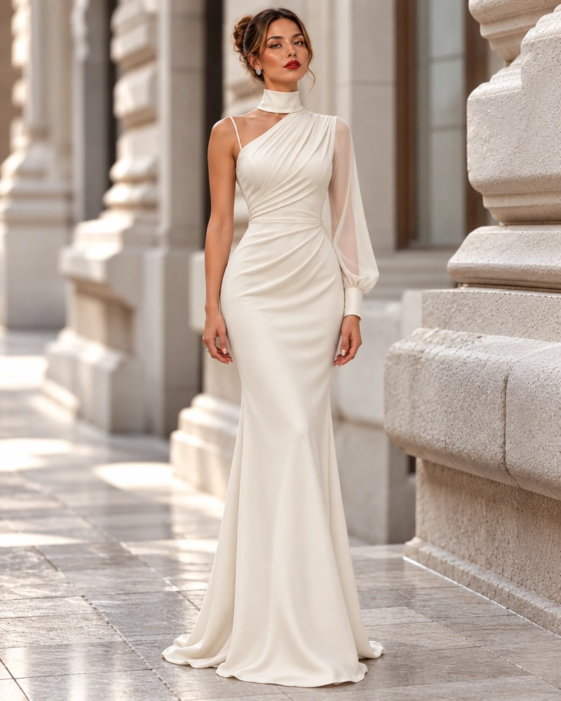 Ivoire Drapé: Ivory crepe, asymmetric drape, sheer sleeve, primary view — Josephine Boutique