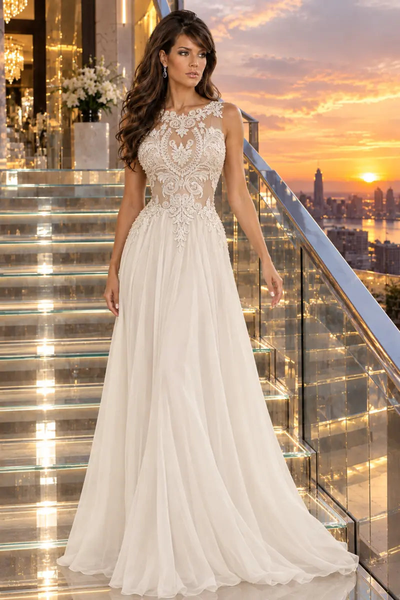Ivoire du Couchant: Ivory chiffon, flowing A-line gown, illusion jewel neckline, primary view — Josephine Boutique