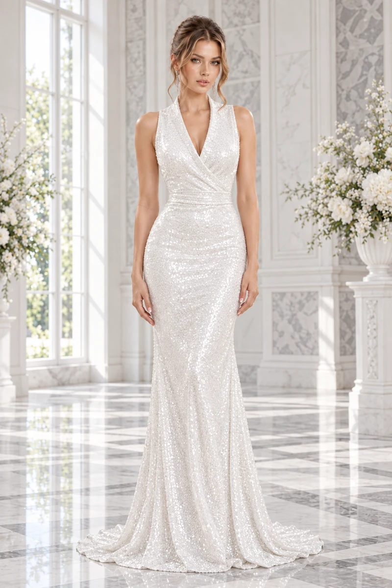 Ivoire Éclatant: White sequins, sleeveless wrap V-neckline, long skirt, primary view — Josephine Boutique