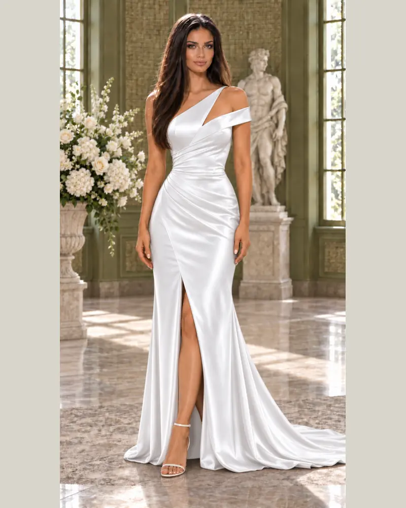 Ivoire Élancée: Luminous ivory satin, draped column gown, asymmetric one-shoulder neckline, primary view — Josephine Boutique