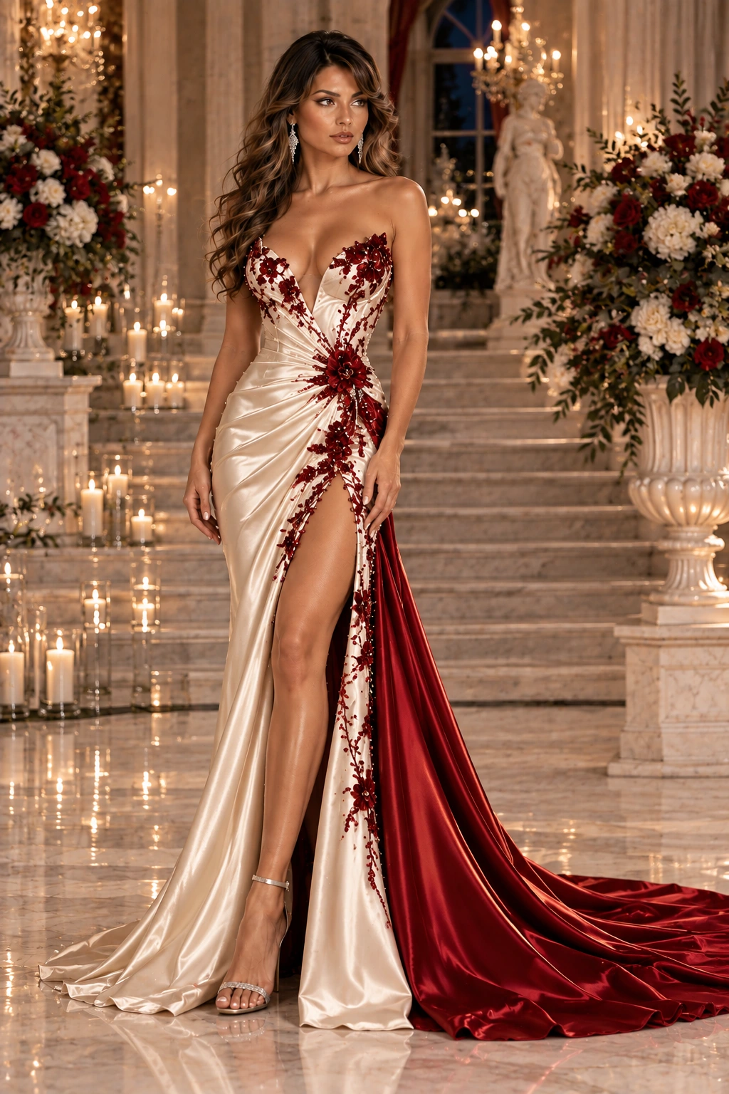 Ivoire et Rubis Impérial: Ivory satin, strapless sweetheart, burgundy florals and train, primary view — Josephine Boutique