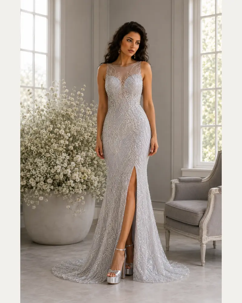 Ivoire Étincelle: Ivory-silver sequins, statuesque gown, illusion sweetheart neckline, primary view — Josephine Boutique