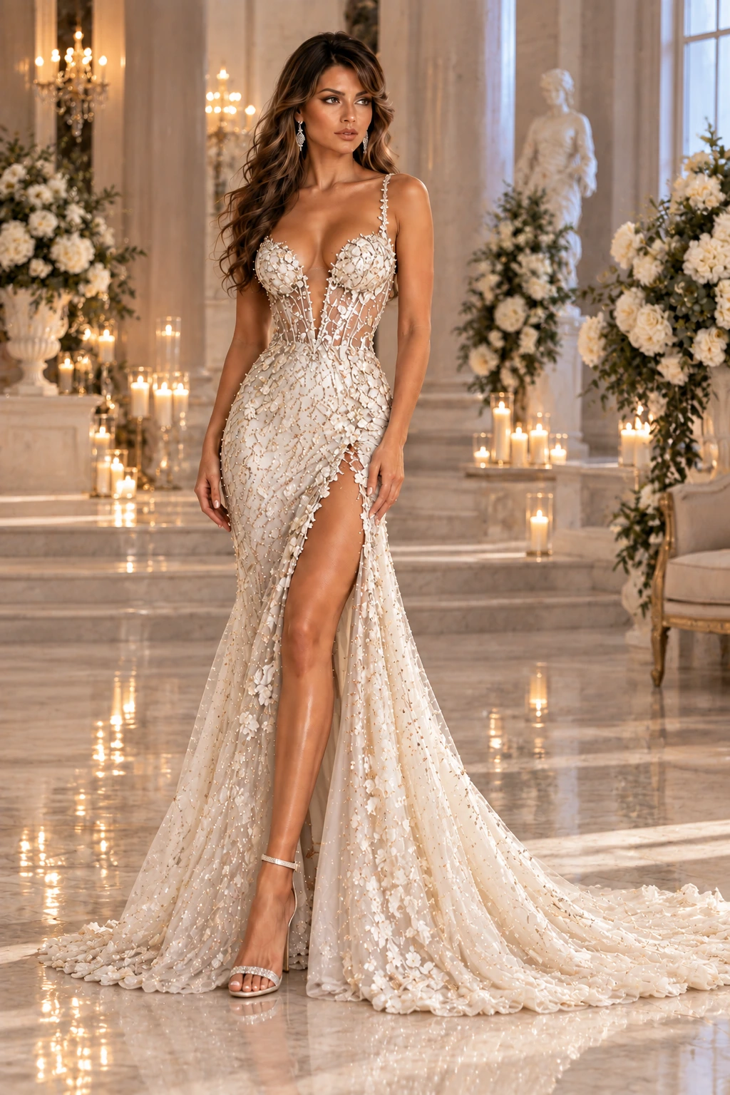 Ivoire Fleurie de Versailles: Ivory floral appliqué, illusion V-neck, side slit, primary view — Josephine Boutique