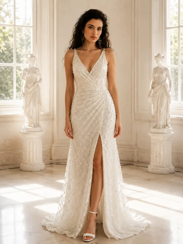 Ivoire Majesté: Soft-ivory beaded lace, fitted column gown, plunging V-neckline, primary view — Josephine Boutique