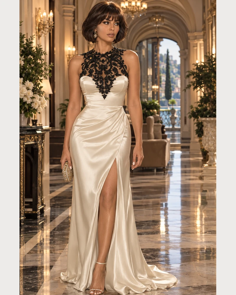 Ivoire Nocturne: Ivory satin and black floral lace, column gown, illusion jewel neckline, primary view — Josephine Boutique