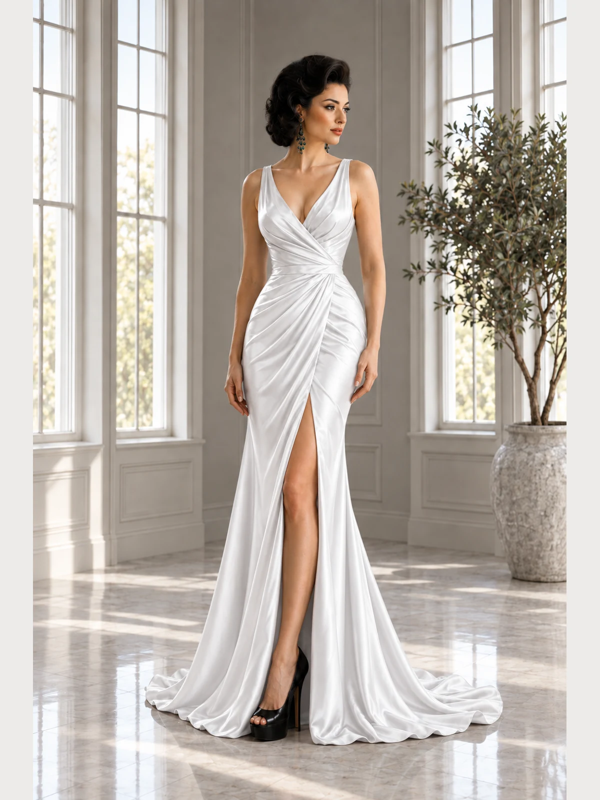 Ivoire Serein: Ivory satin, fluid column gown, asymmetric V-neckline, primary view — Josephine Boutique