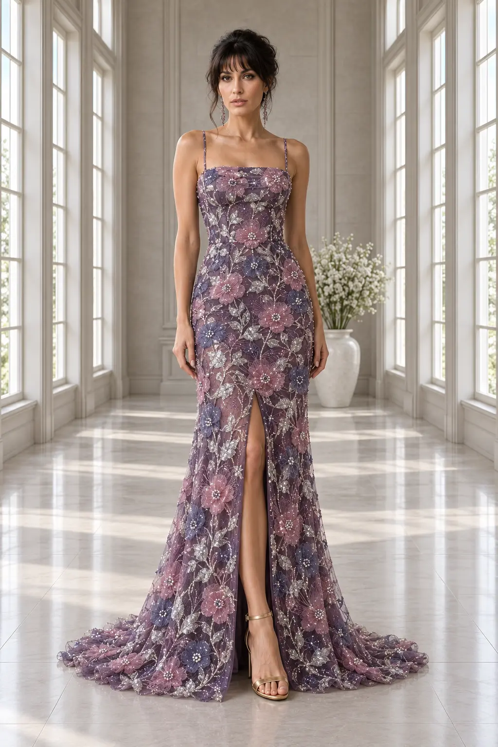 Jardin de Lavande: Mauve-violet floral embroidery, fitted column gown, straight neckline, primary view — Josephine Boutique