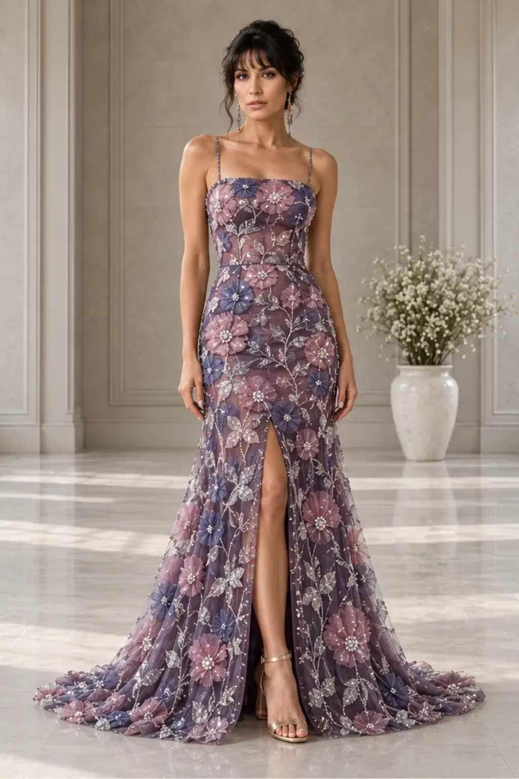 Jardin de Mauve: Mauve-violet floral embroidery, fitted column gown, straight neckline, primary view — Josephine Boutique