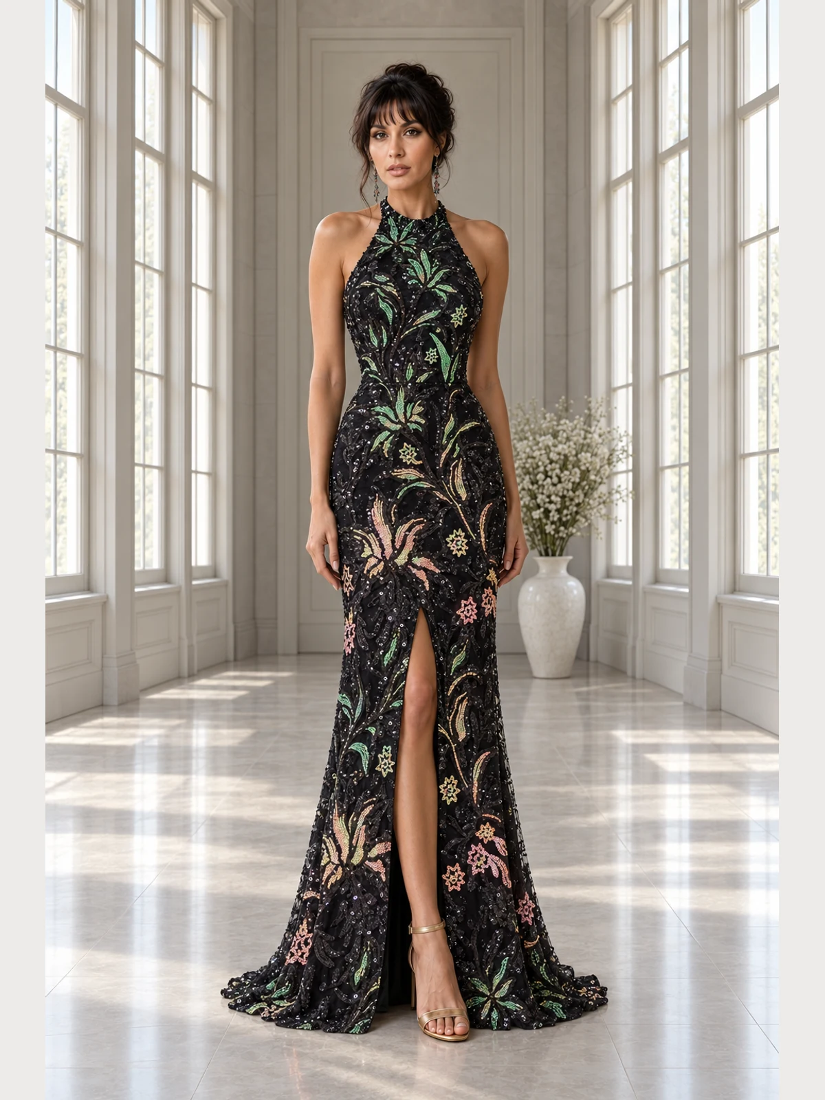 Jardin de Minuit: Black floral beadwork, statuesque column gown, halter neckline, primary view — Josephine Boutique