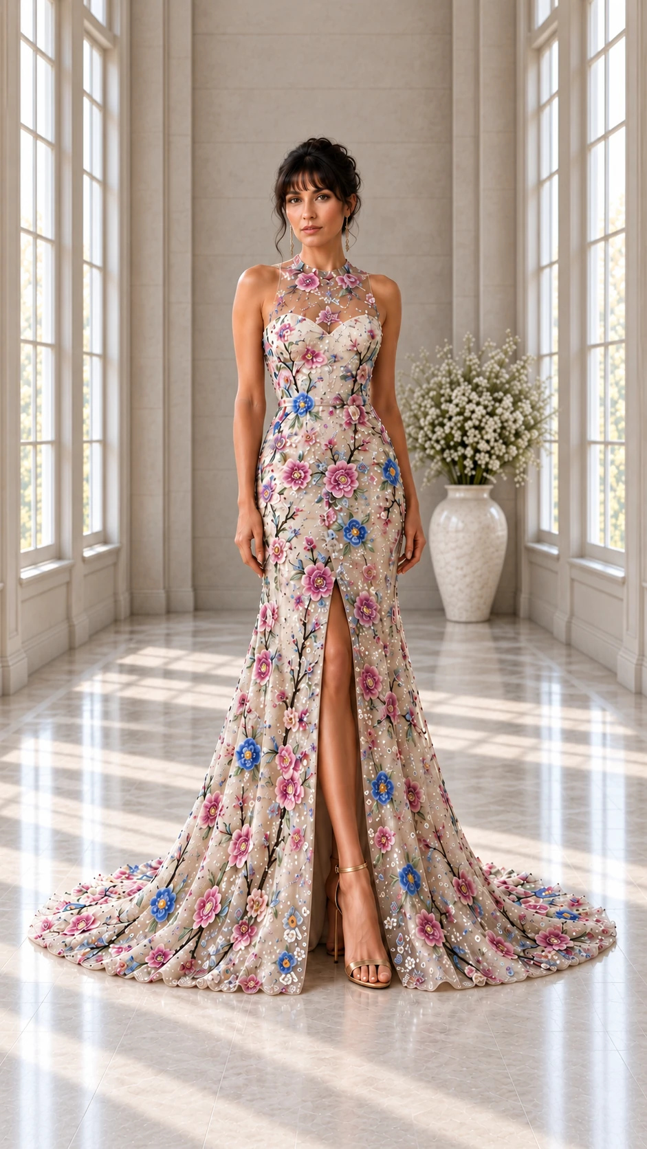 Jardin de Perle: Jewel floral embroidery, fitted mermaid gown, illusion halter neckline, primary view — Josephine Boutique