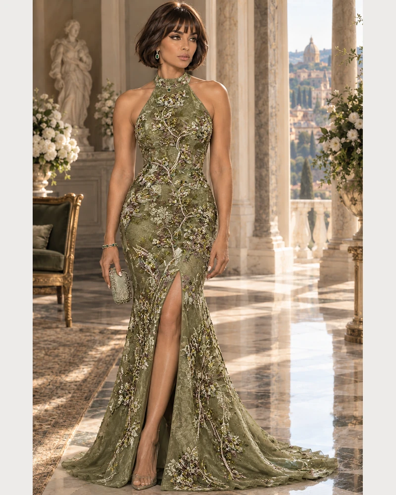 Jardin d’Olive: Olive floral beadwork, fitted mermaid gown, scoop neckline, primary view — Josephine Boutique