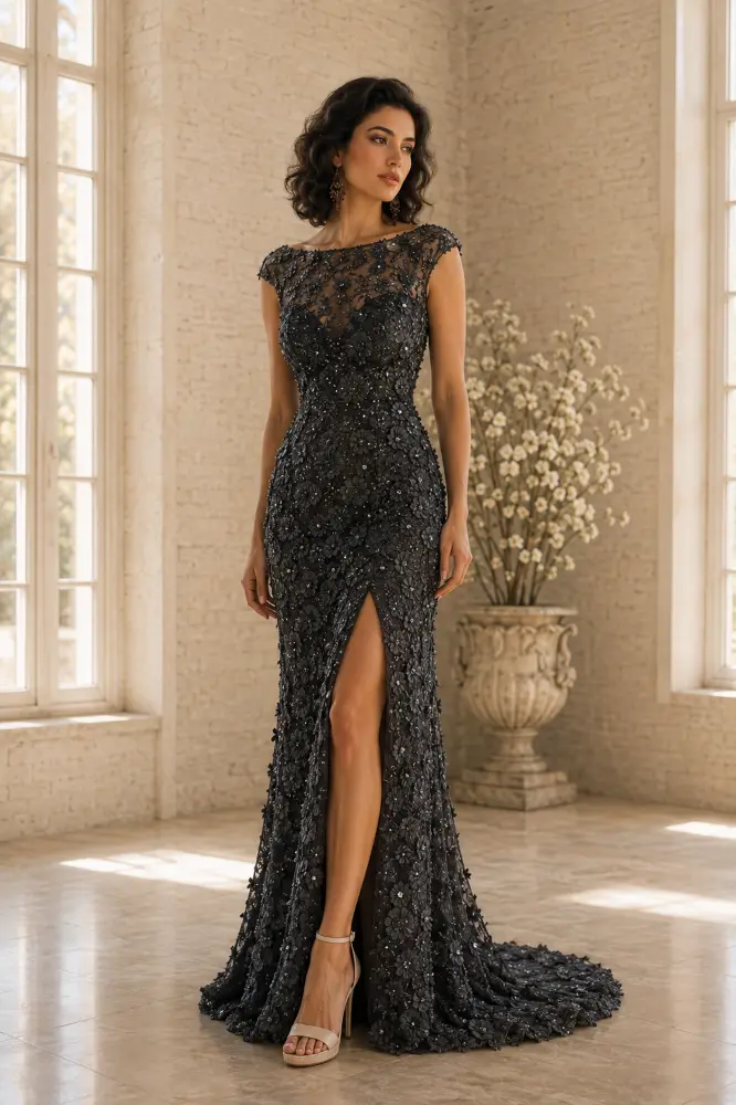 Juliette Élan: deep onyx evening gown, primary view — Josephine Boutique