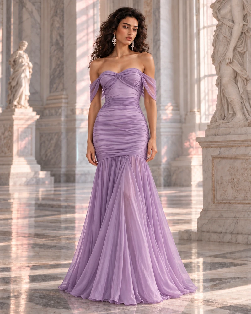 Lavande Drapée: Lavender chiffon, off-shoulder sweetheart, open back, primary view — Josephine Boutique
