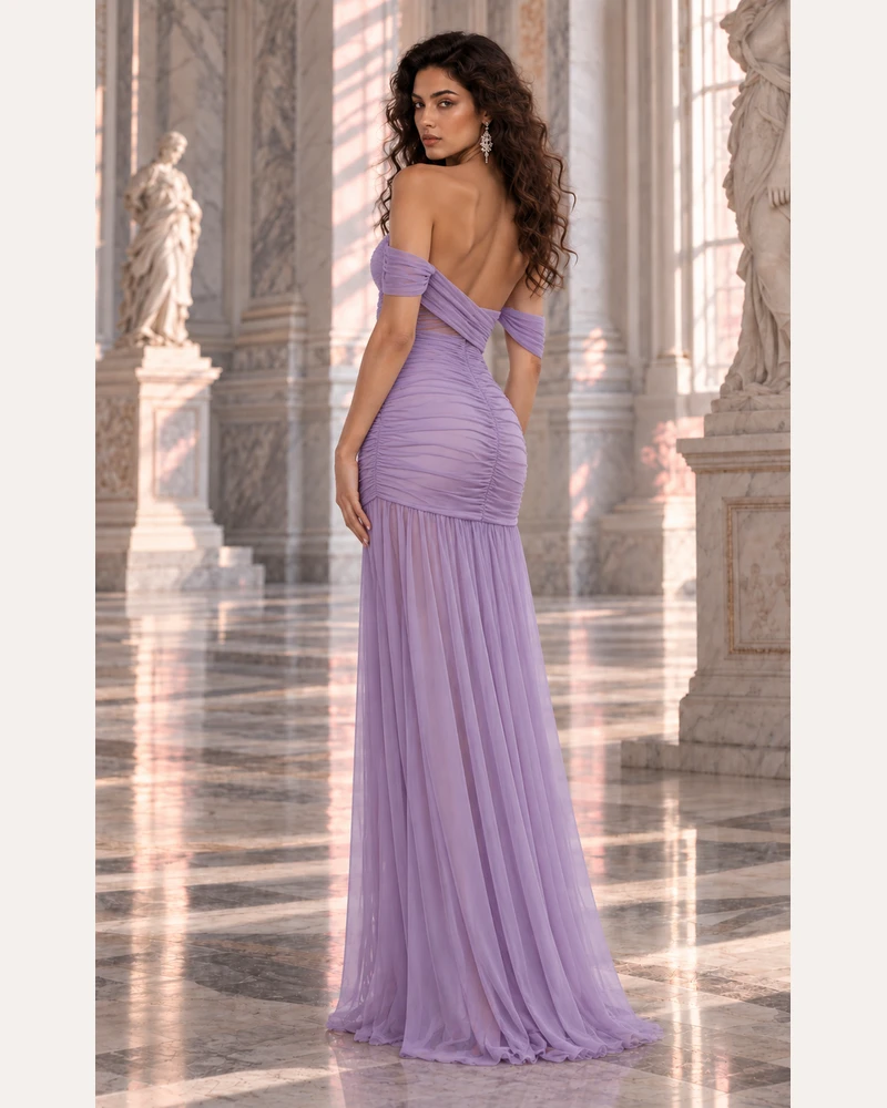 Lavande Drapée: Lavender chiffon, off-shoulder sweetheart, open back, additional view — Josephine Boutique