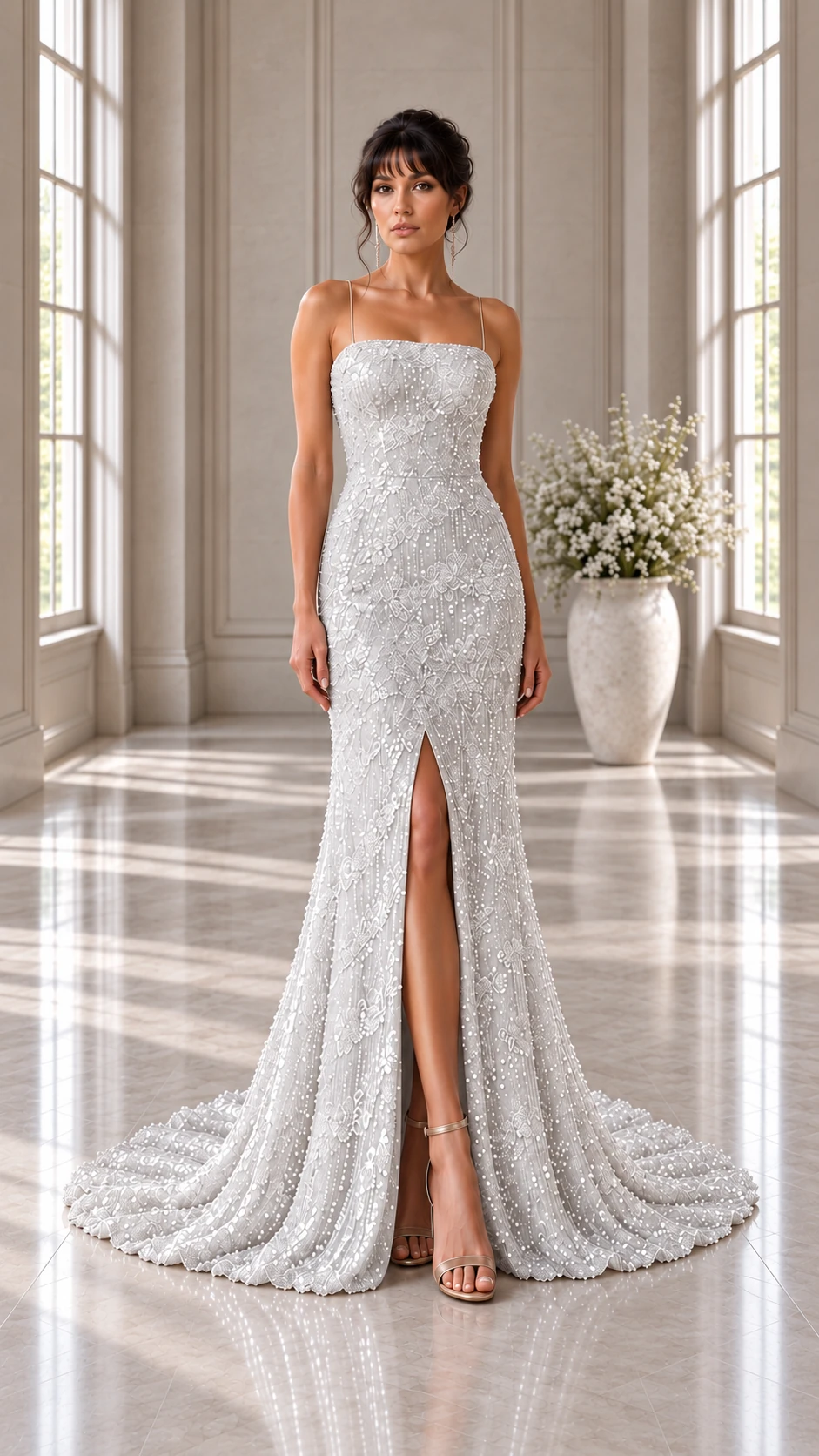 Neige de Cristal: White crystal lace, elongated mermaid gown, straight neckline, primary view — Josephine Boutique
