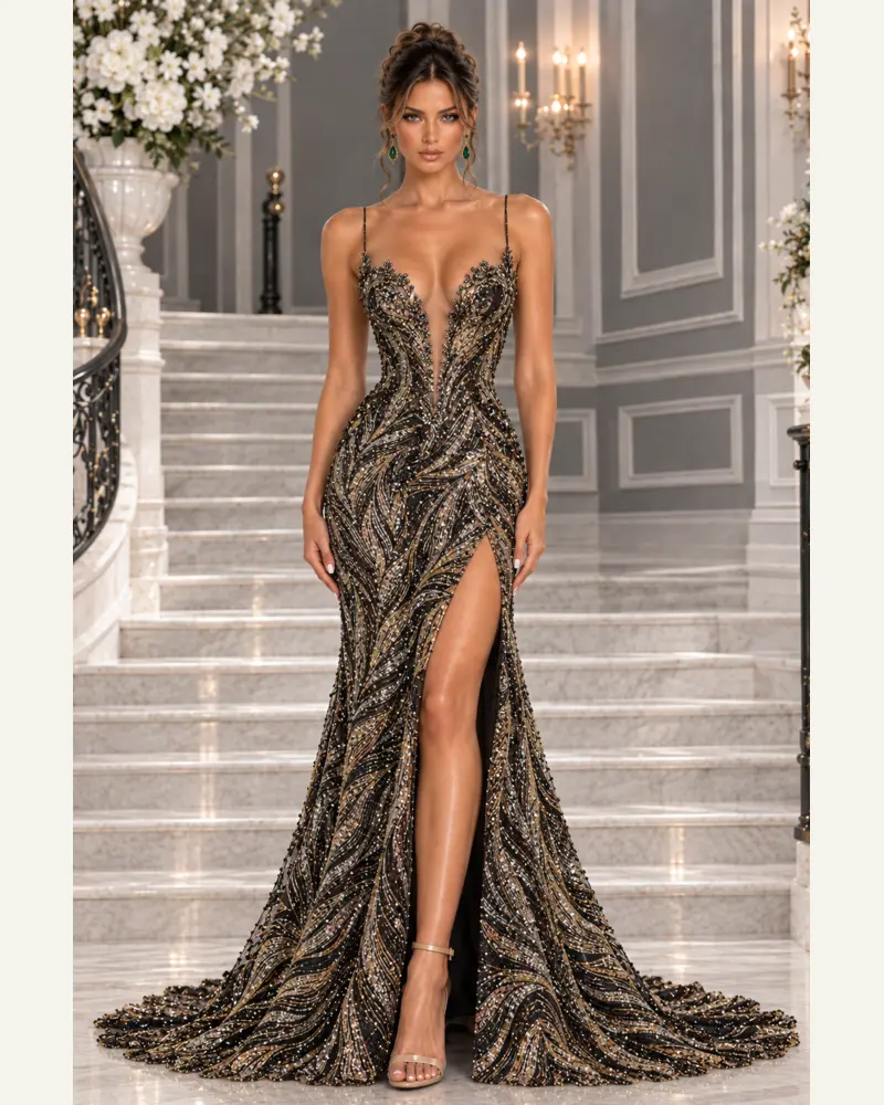 Noir Auréole: Black-gold crystal lace, sculpted mermaid gown, plunging V-neckline, primary view — Josephine Boutique