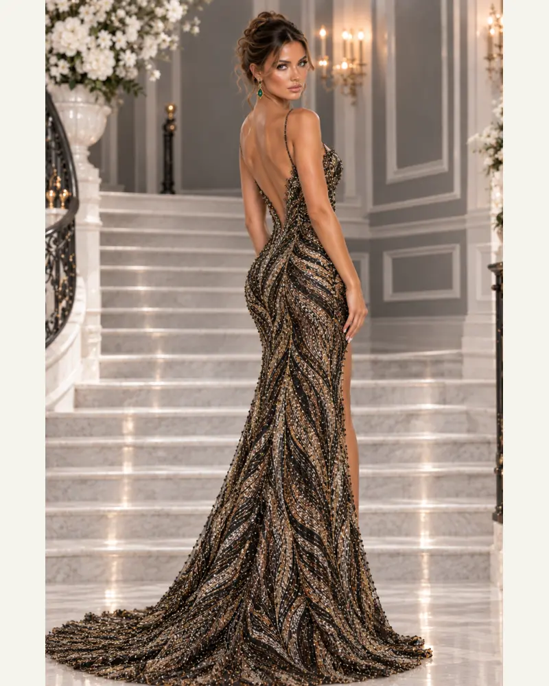Noir Auréole — Dos: Black-gold crystal lace, sculpted mermaid gown, open-back view, primary view — Josephine Boutique