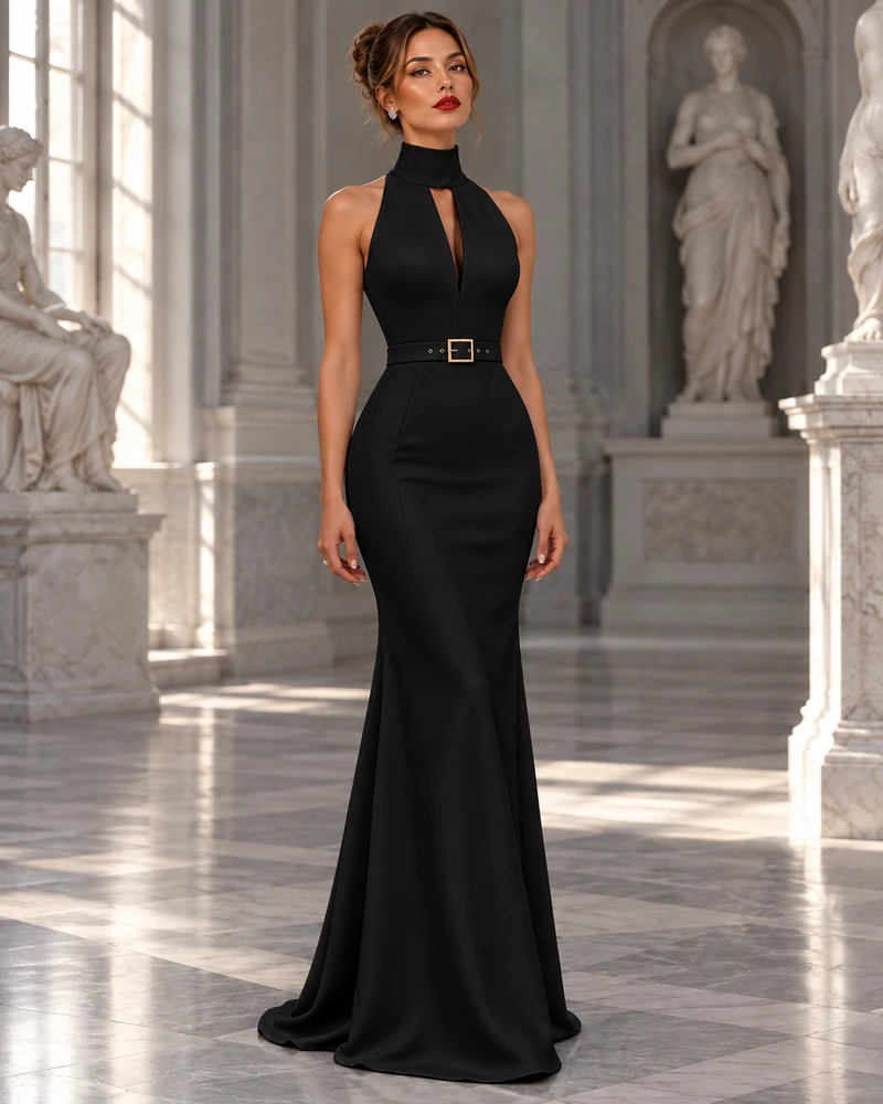 Noir de Marbre: Black crepe, halter keyhole, gold-buckle belt, primary view — Josephine Boutique