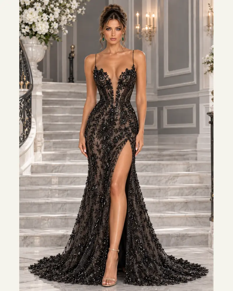 Noir de Versailles: Black crystal embroidery, sculpted mermaid gown, plunging V-neckline, primary view — Josephine Boutique