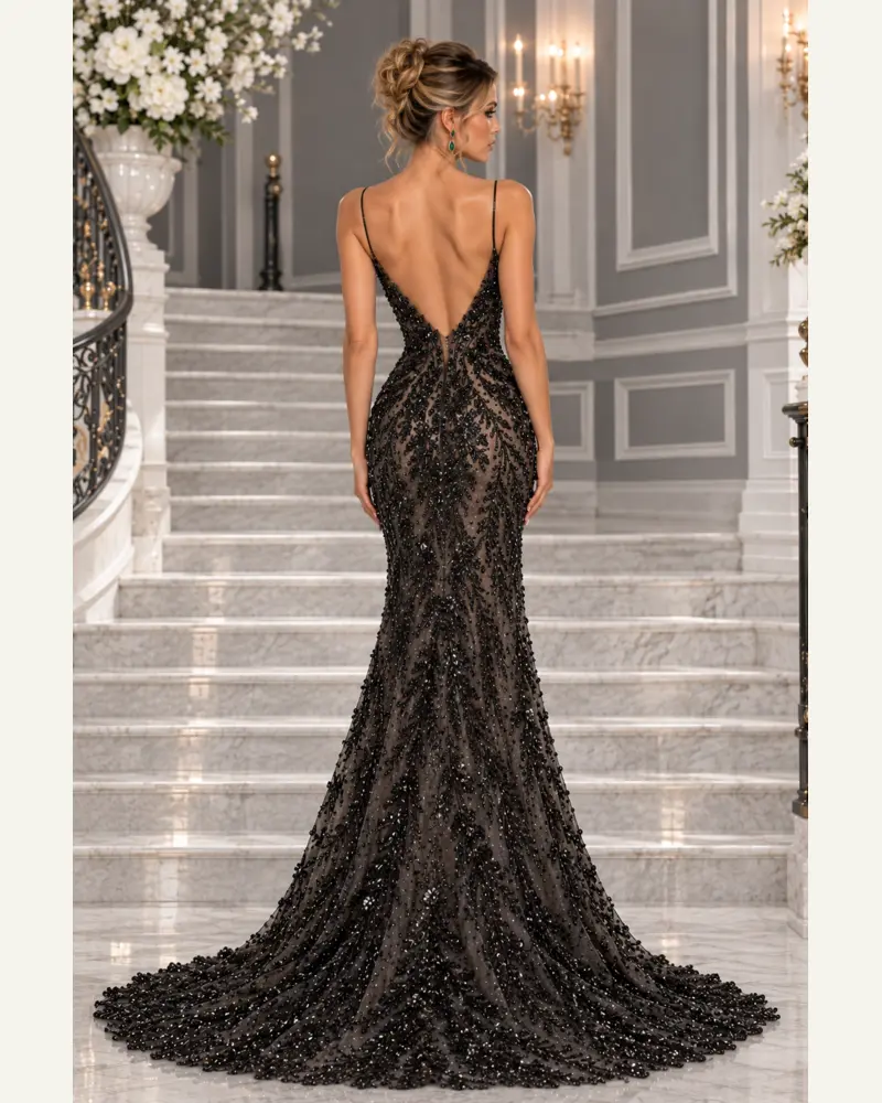 Noir de Versailles: Black crystal embroidery, sculpted mermaid gown, plunging V-neckline, additional view — Josephine Boutique