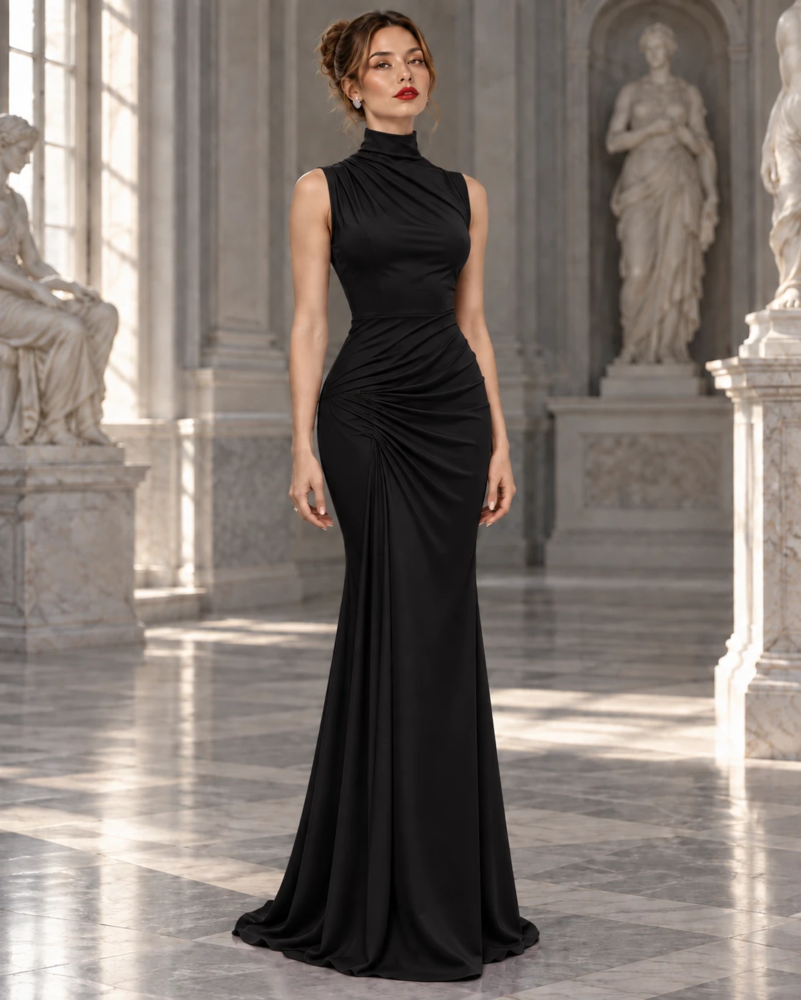 Noir Drapé: Black draped gown, high neckline, floor-length column, primary view — Josephine Boutique