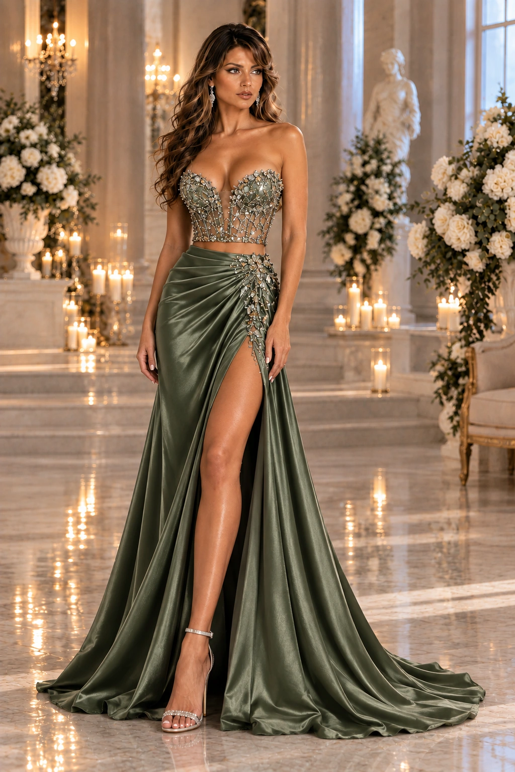 Olive Bijou Impérial: Olive satin, strapless sweetheart corset, jeweled side slit, primary view — Josephine Boutique