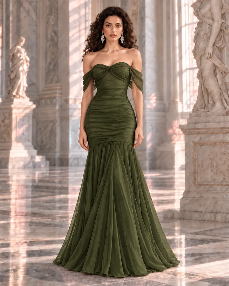 Olive Drapé: Olive-green chiffon, off-shoulder sweetheart, open back, primary view — Josephine Boutique