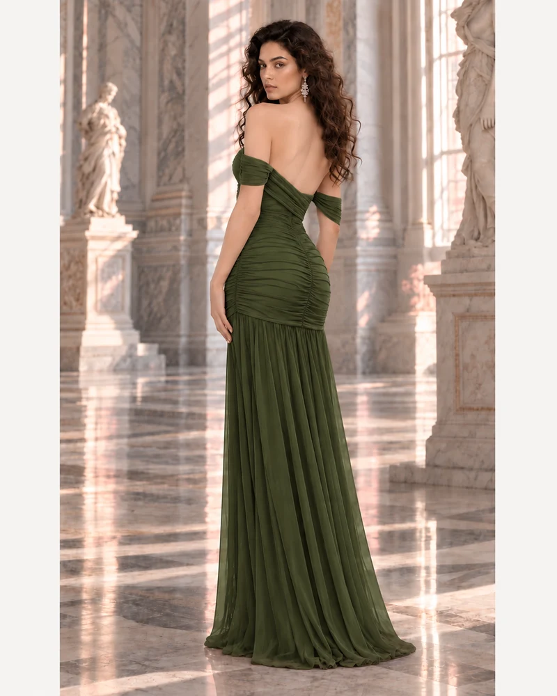 Olive Drapé: Olive-green chiffon, off-shoulder sweetheart, open back, additional view — Josephine Boutique