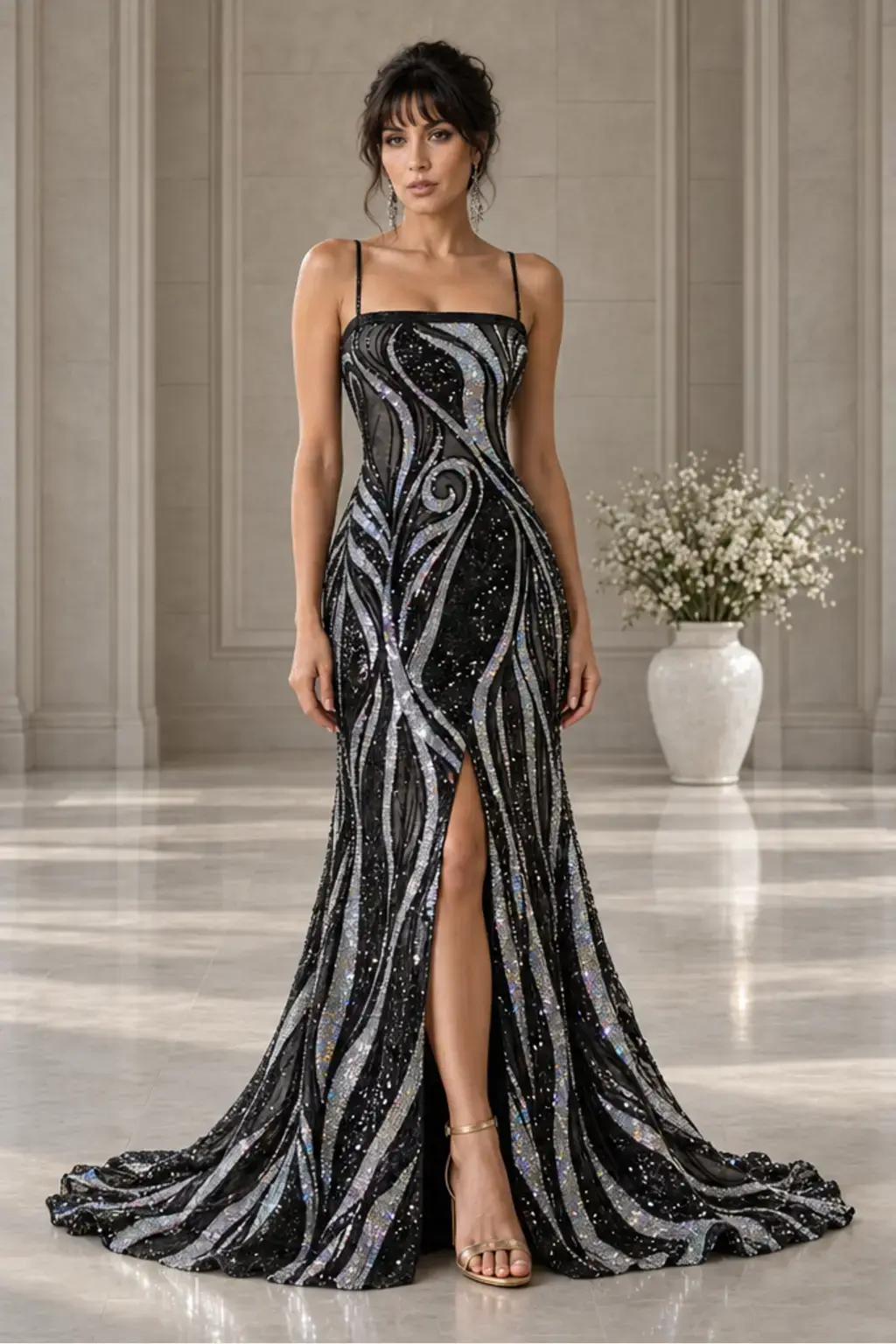 Onyx Arabesque: Black-silver sequin arabesque, sculpted column gown, straight neckline, primary view — Josephine Boutique