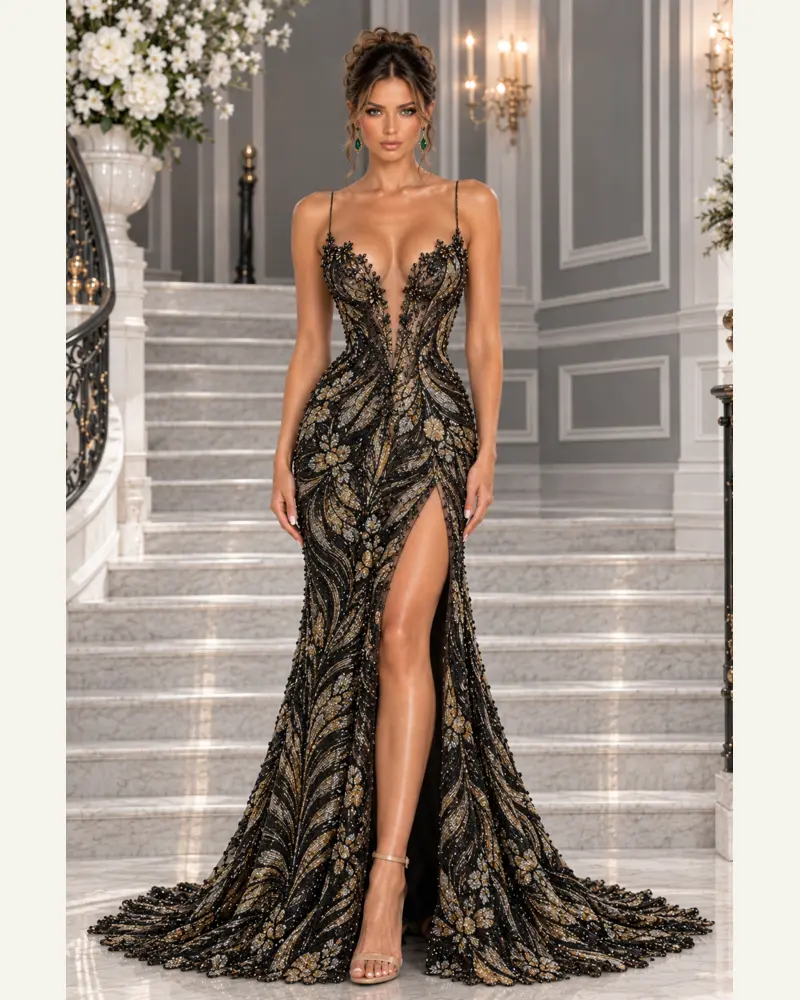 Onyx Impérial: Black-gold crystal embroidery, sculpted mermaid gown, open-back neckline, primary view — Josephine Boutique