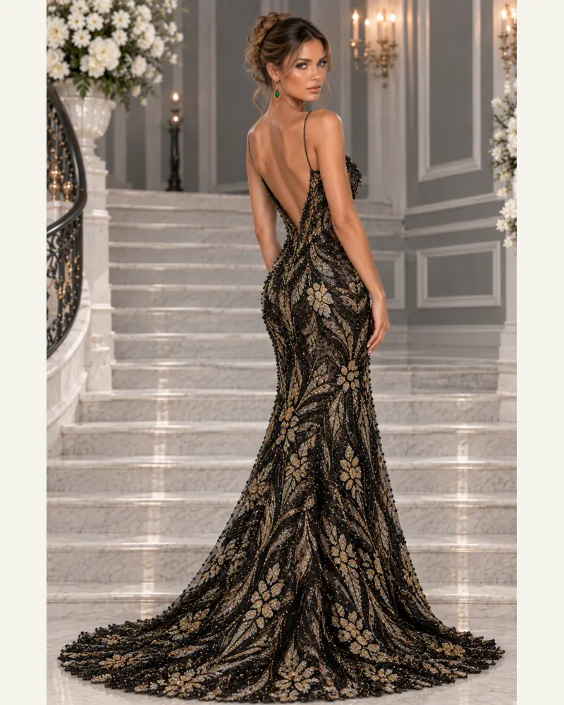 Onyx Impérial: Black-gold crystal embroidery, sculpted mermaid gown, open-back neckline, additional view — Josephine Boutique