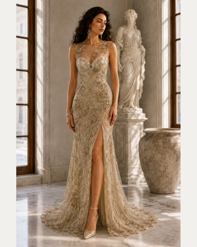 Or Céleste: Champagne embroidered mesh, fitted column gown, illusion sweetheart neckline, primary view — Josephine Boutique