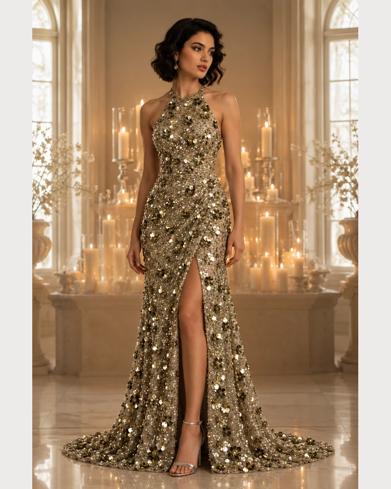 Or de Versailles: Antique-gold crystal beadwork, fitted mermaid gown, illusion jewel neckline, primary view — Josephine Boutique