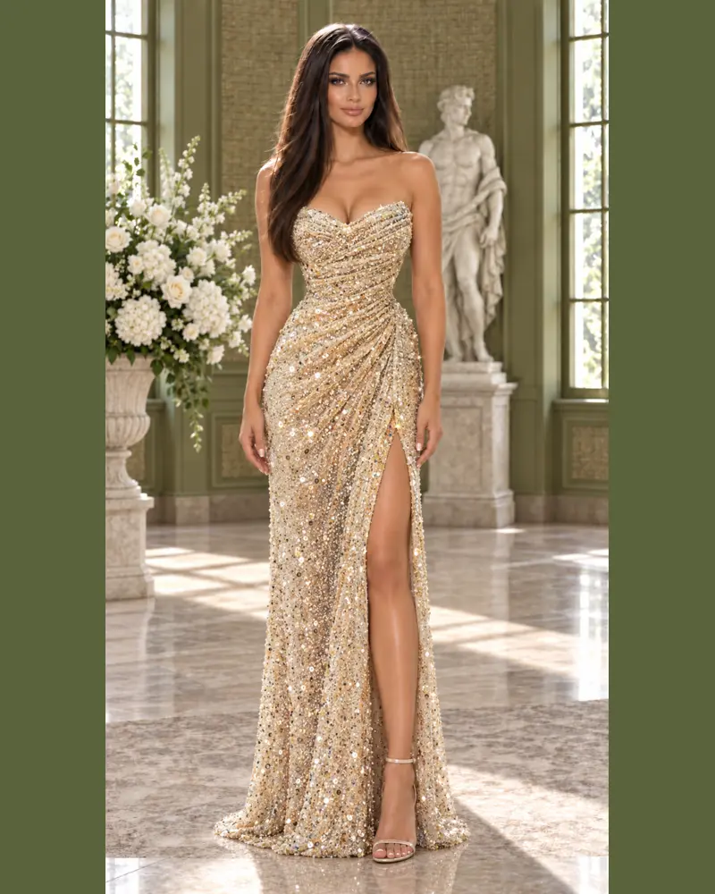 Or Lumière: Champagne crystal sequins, sculpted column gown, strapless sweetheart neckline, primary view — Josephine Boutique