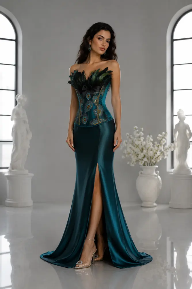 Paon d’Azur: Teal satin and feather detail, sculpted mermaid gown, strapless neckline, primary view — Josephine Boutique