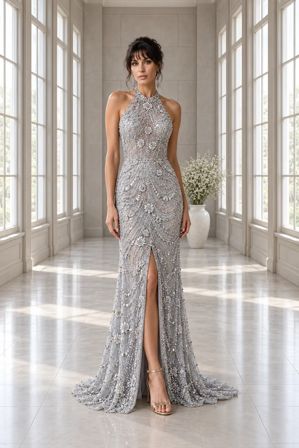 Perle d’Argent: Pearl-silver floral beadwork, fitted column gown, halter neckline, primary view — Josephine Boutique