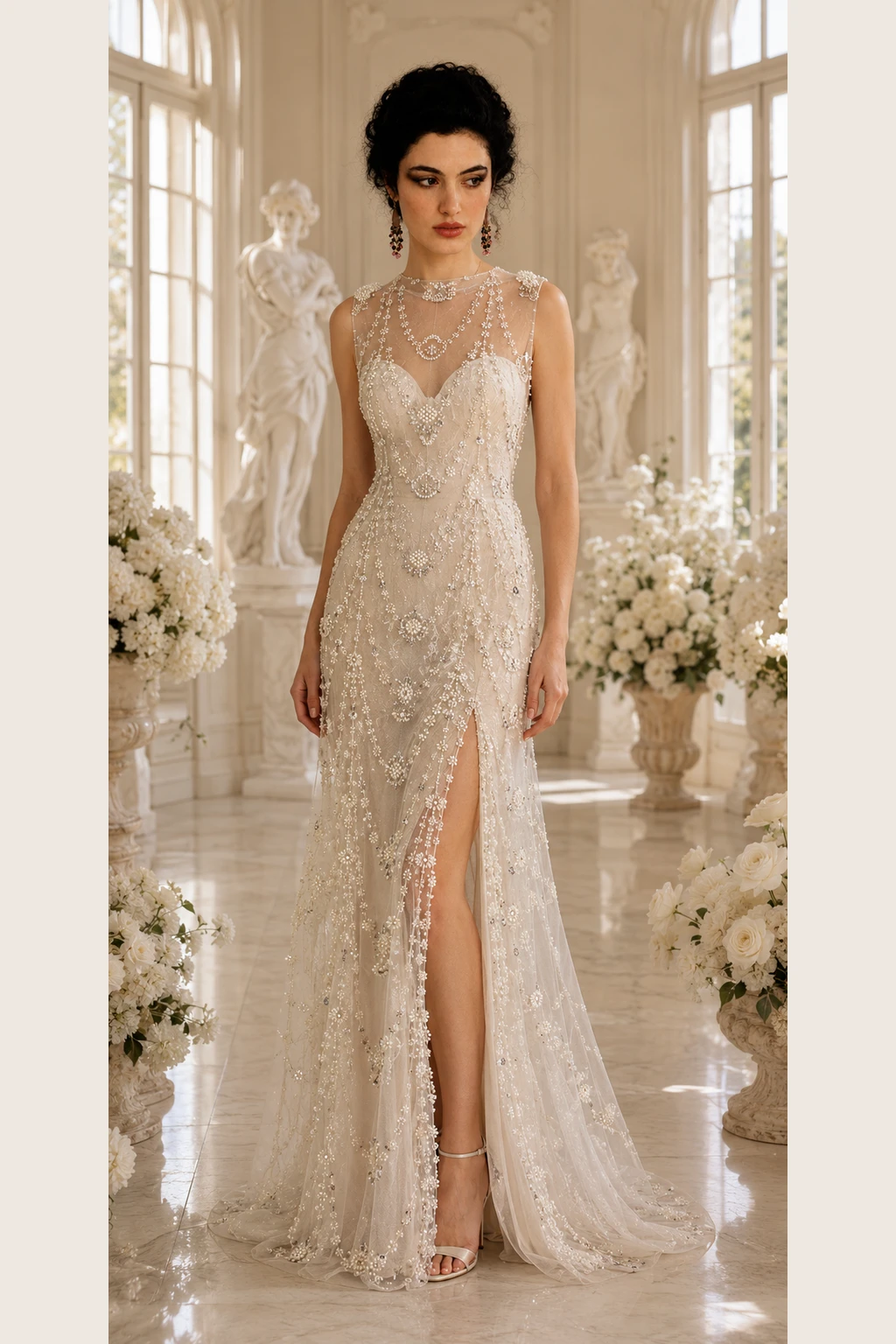 Perle de Grâce: Pearl-ivory beadwork, statuesque column gown, illusion sweetheart neckline, primary view — Josephine Boutique