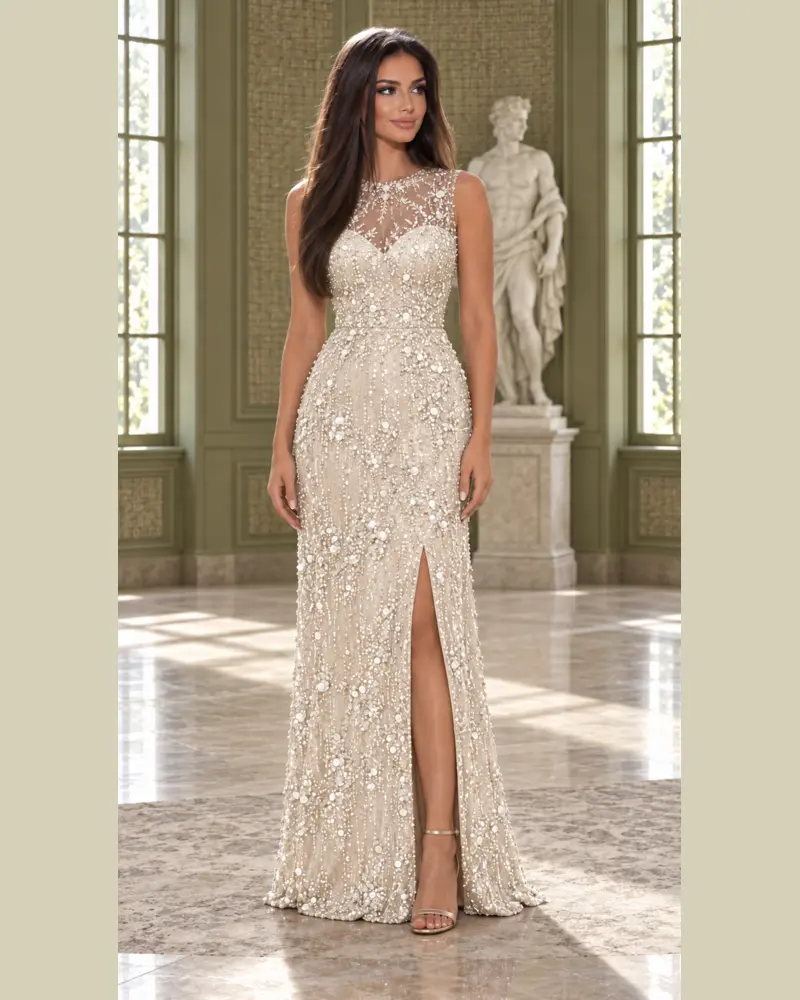 Perle Illusion: Pearl crystal mesh, statuesque column gown, illusion sweetheart neckline, primary view — Josephine Boutique