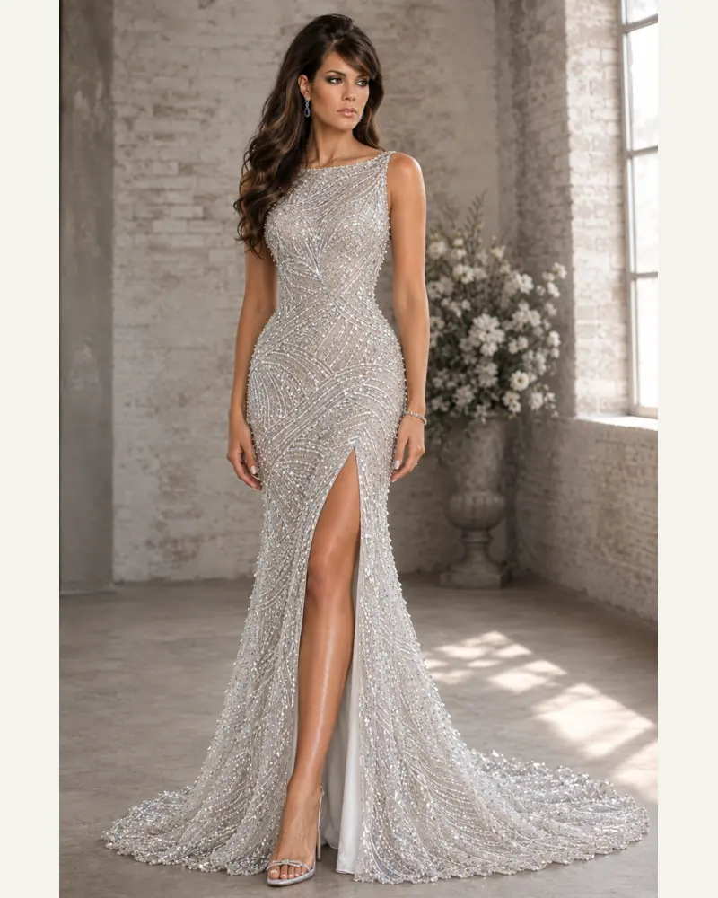 Perle Souveraine: Pearl-silver crystal beadwork, fitted mermaid gown, asymmetric neckline, primary view — Josephine Boutique