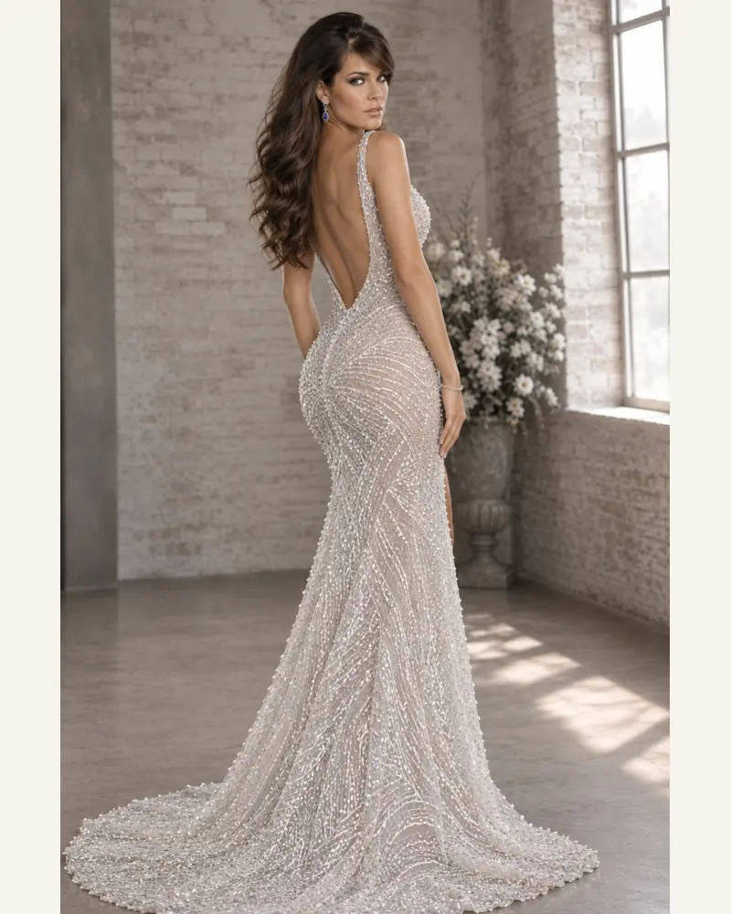 Perle Souveraine — Dos: Pearl-silver crystal beadwork, fitted mermaid gown, open-back view, primary view — Josephine Boutique