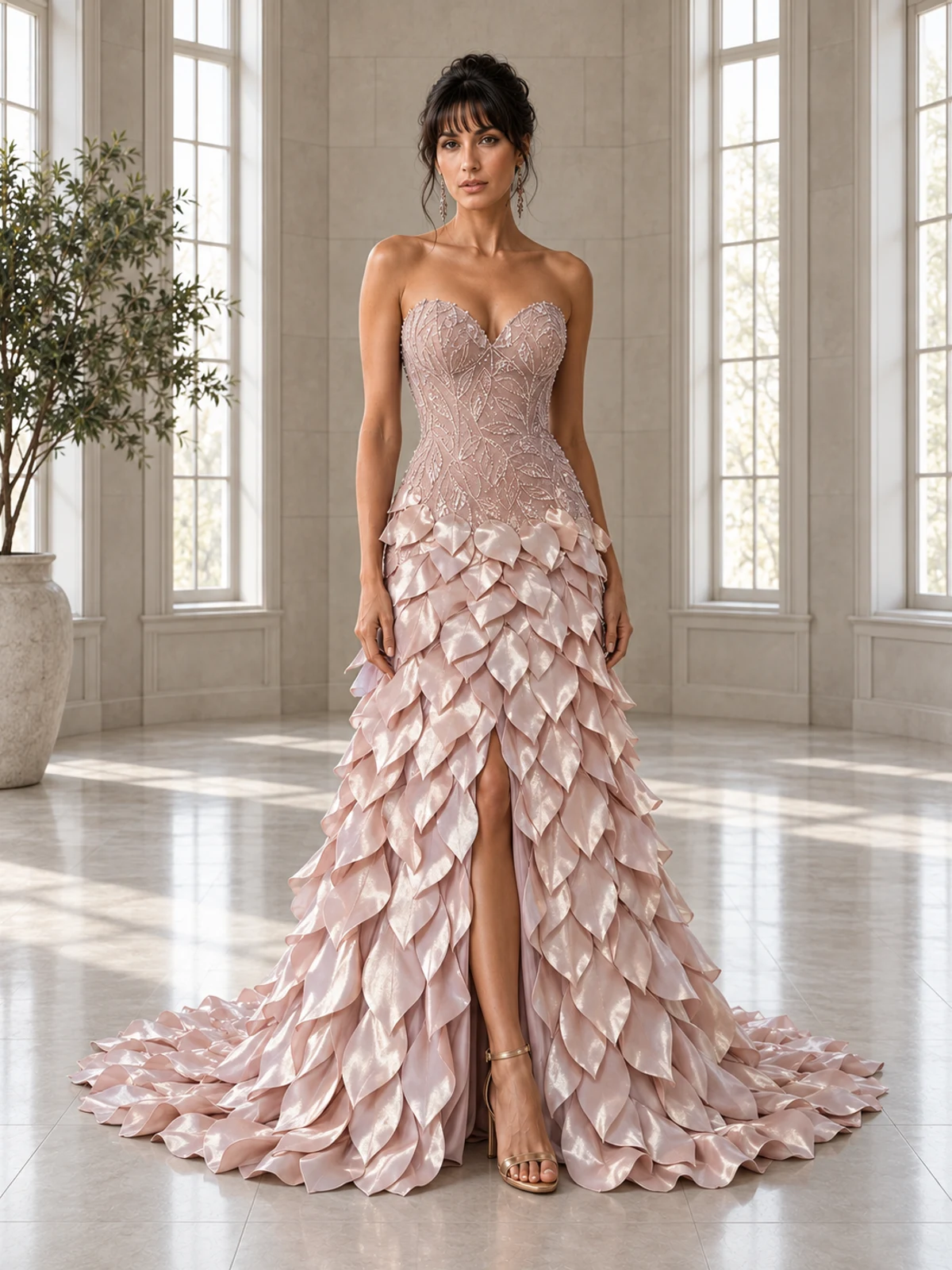 Pétale de Rosée: Dusty-blush petal appliqué, romantic mermaid gown, strapless sweetheart neckline, primary view — Josephine Boutique