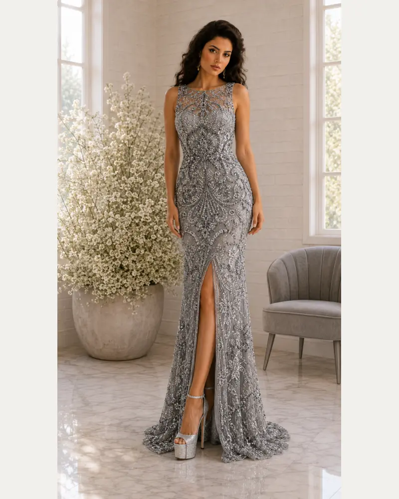 Platine Floréal: Platinum floral lace, sculpted gown, illusion jewel neckline, primary view — Josephine Boutique