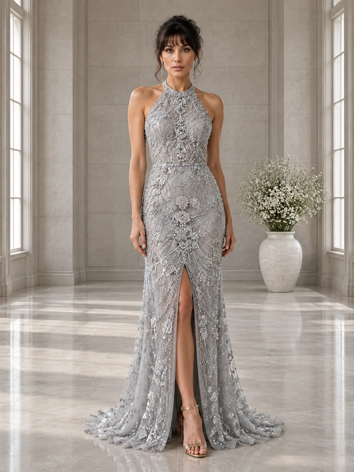Platine Galerie: Platinum beadwork, slender column gown, halter neckline, primary view — Josephine Boutique