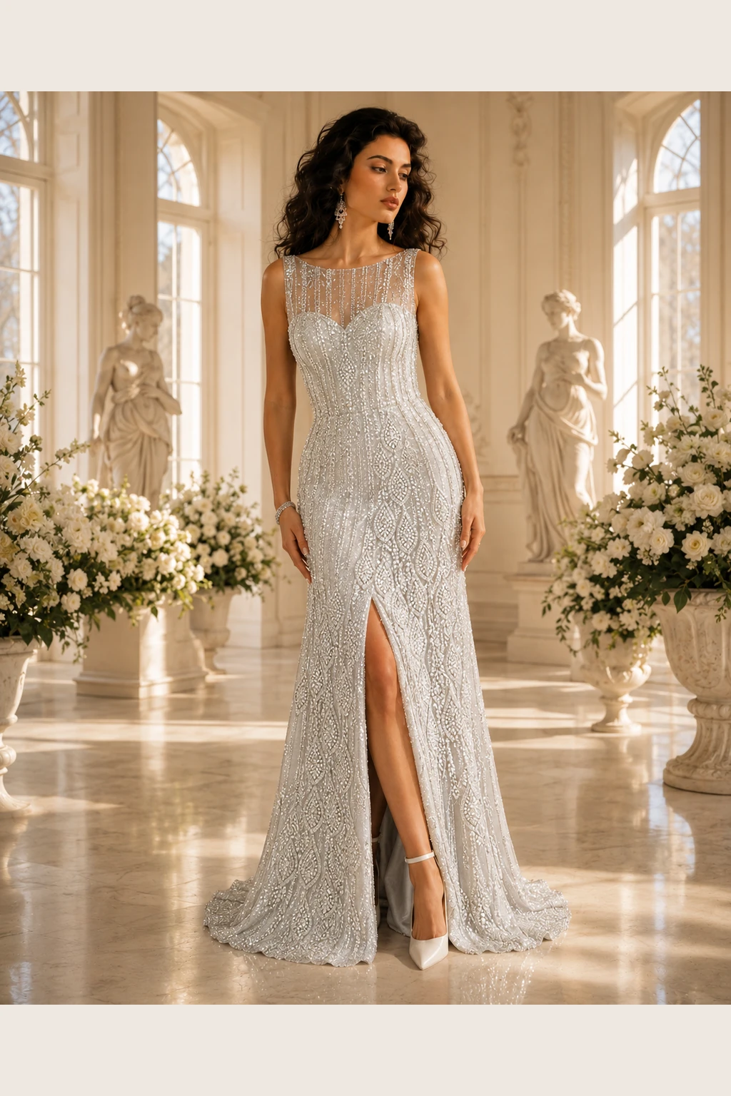 Platine Héritage: Platinum crystal beadwork, sculpted column gown, illusion jewel neckline, primary view — Josephine Boutique