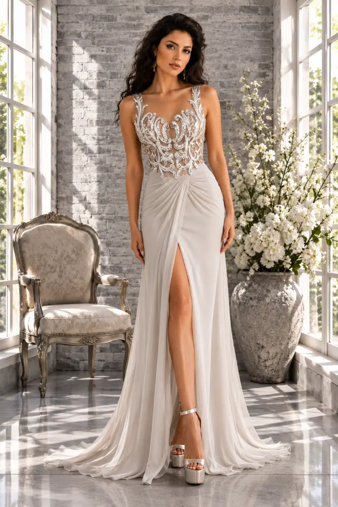 Rosalind Rhapsody: silver mist evening gown, primary view — Josephine Boutique